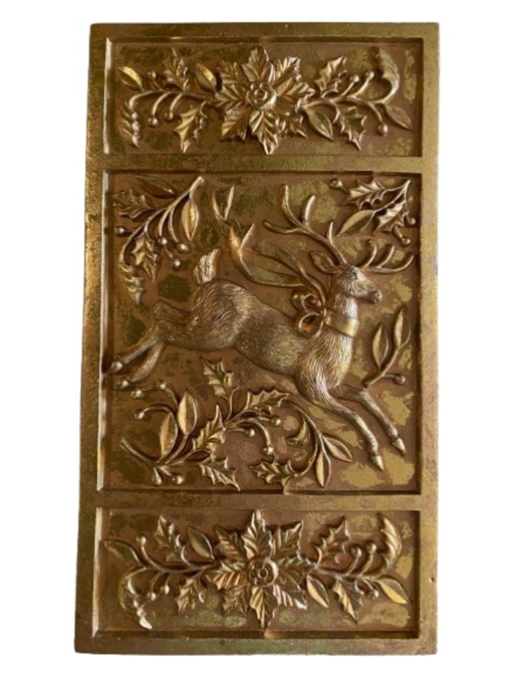 MCM Inspired Leaping Reindeer Wall Plaque in Antique Gold Relief 6.75” x 12” EUC